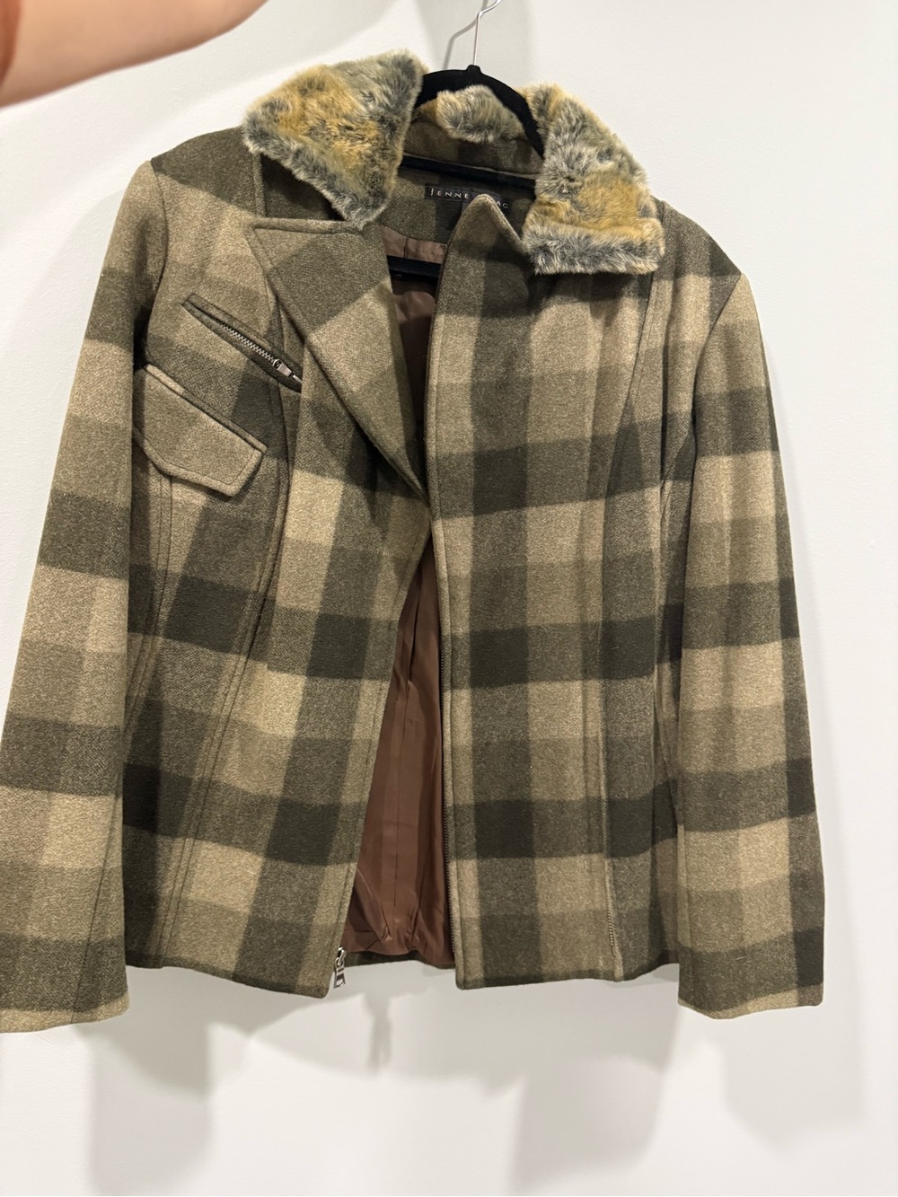 Womens Plaid Wool-Blend Pea Coat with Faux Fur Collar - Olive/Cream